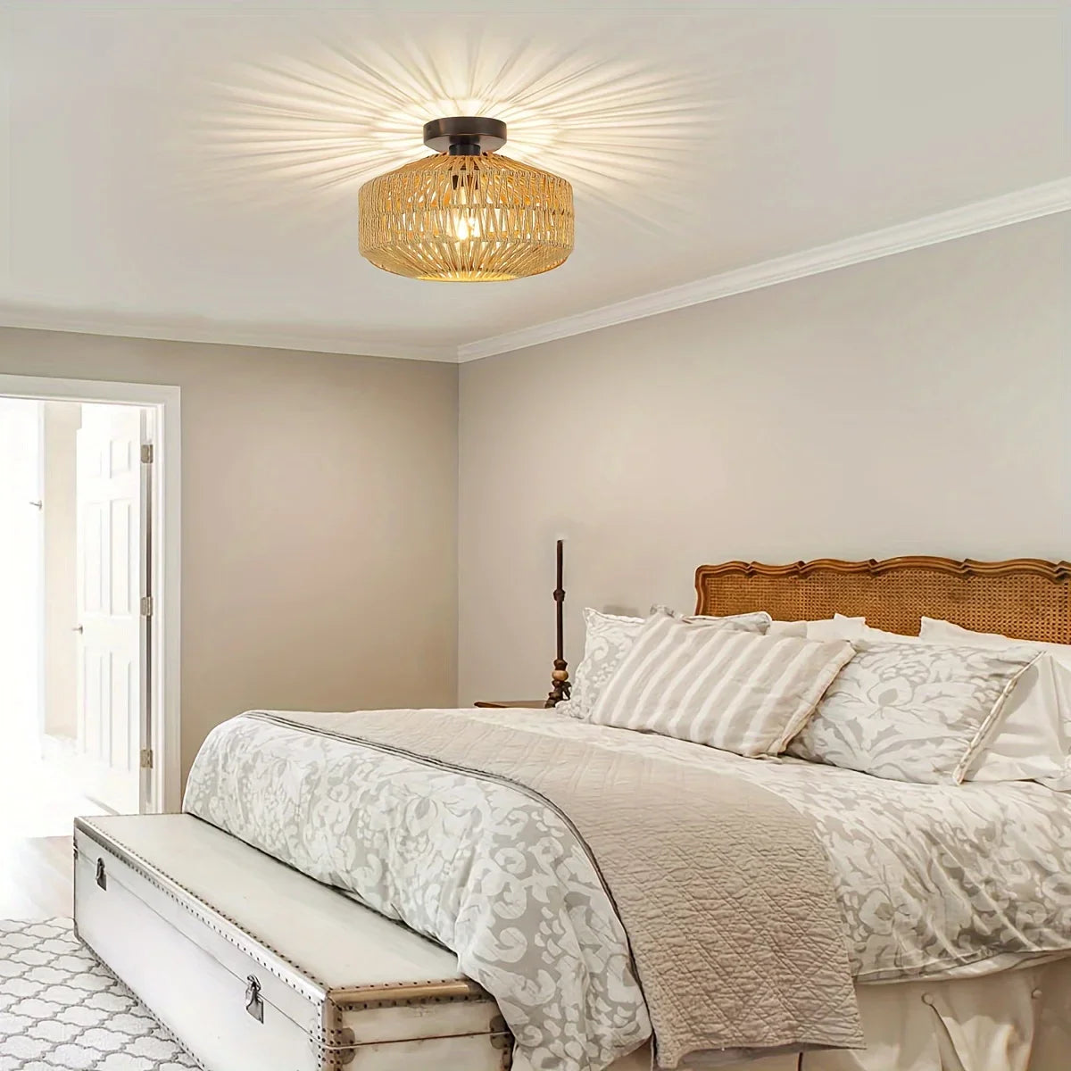 lampe suspendue moderne rustique tissée bambou naturel cadre métallique noir cuisine chambre coucher salle
