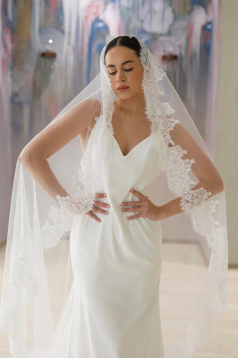 voile mariée dentelle polyester blanc crème classique élégant translucide bordure dentelle