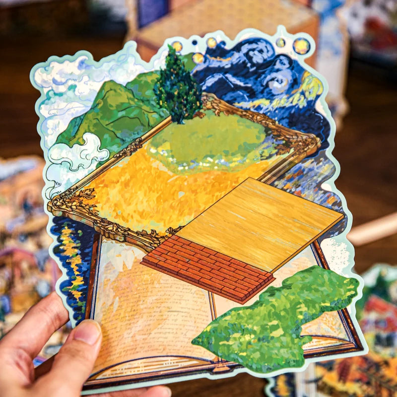 sticker vintage steampunk puzzle livre ouvert illustration détaillée personnages bâtiments floral multicolore enfants