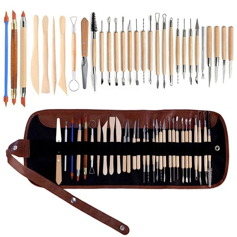 ensemble pinceaux outils céramique sculpture poignées bois métal pointes plastique transparent ergonomiques