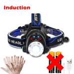 lampe frontale led rechargeable usb noir bleu rayures ajustable ceinture modes luminosité ipx4 water