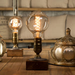 lampe table industrielle bois métal interrupteur transparent verre vintage bronze