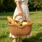 paniers tressés marron clair poignées utilisation multiple rangement fruits légumes fleurs traditionnels