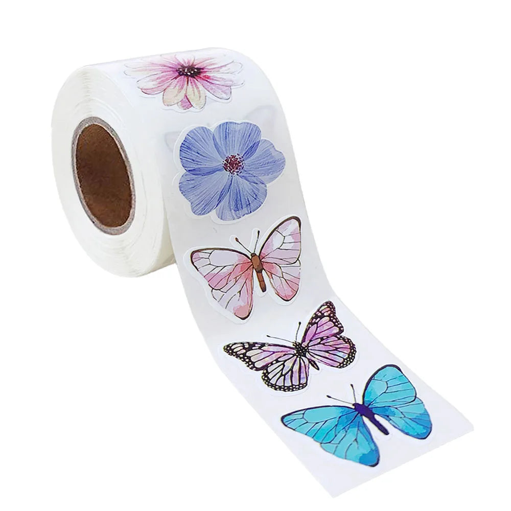 sticker papillon fleur bleu rose violet blanc adhésif décoration diy 500 pièces rouleau 2.5cm