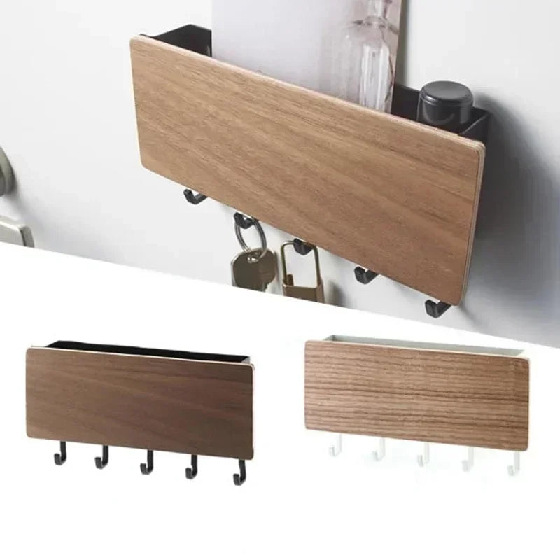 rangement porte clés mural bois noir adhésif modernes crochets boîte texturée fixations minimalistes