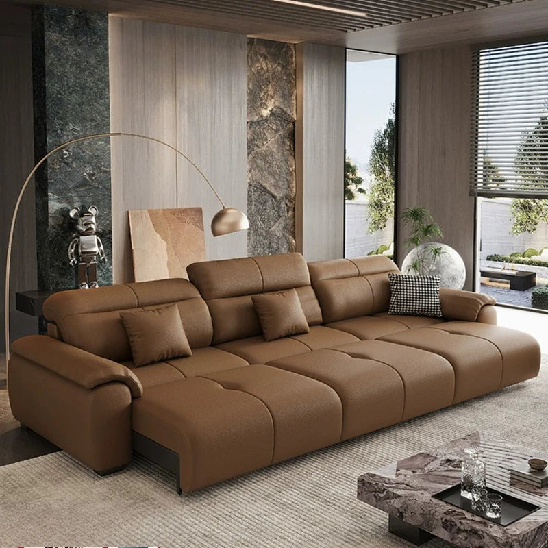 canapé d'angle bois contemporain marron coussins inclinable téléscopique salon maison