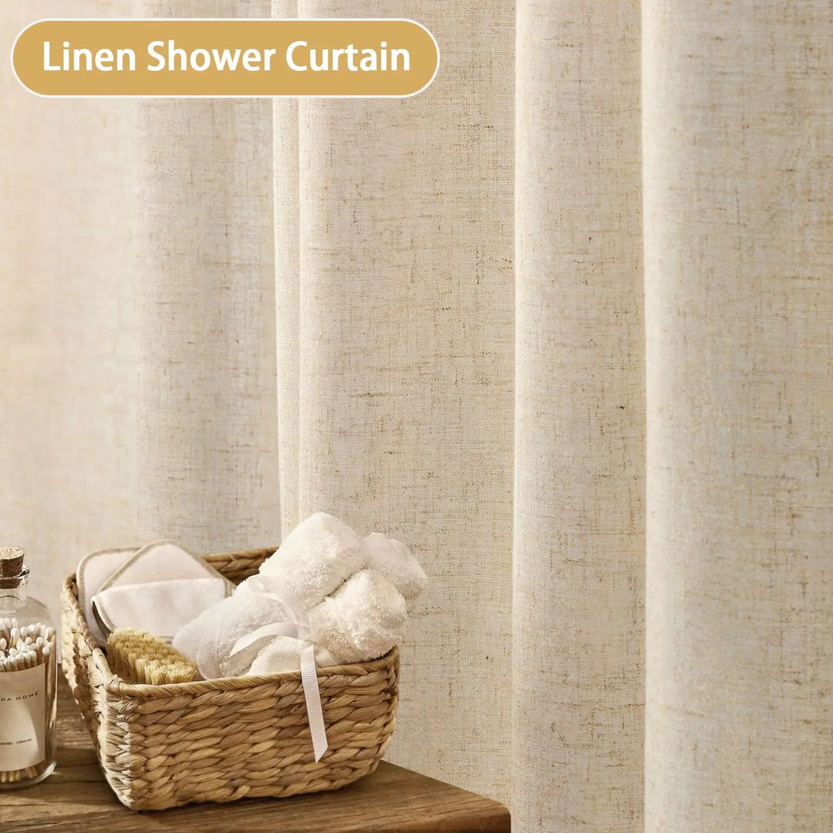 rideau douche texturé lin beige rustique opacité respectueux environnement toilettte tringle métalliques serviettes panier