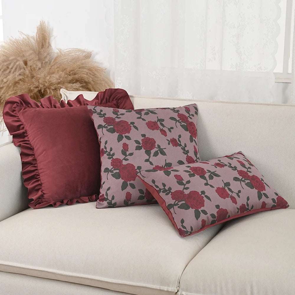 taies d'oreiller jacquard fleur roses rouges feuilles vertes vintage opacité fixation oreillettes maison lit
