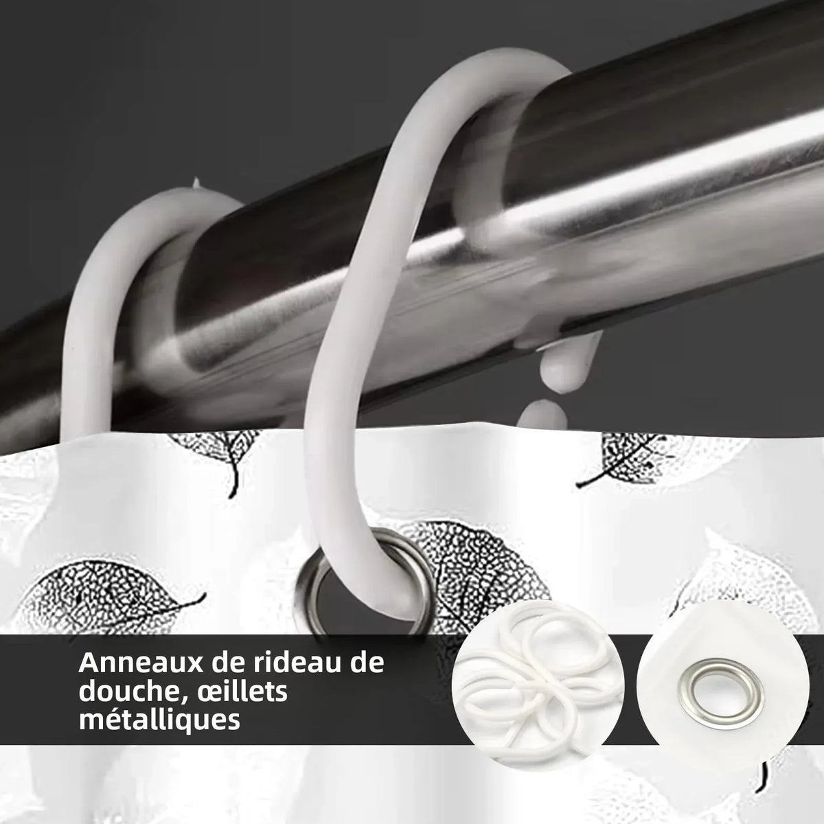 rideau douche moderne feuilles noires blanc semi transparent anneaux métalliques gris toilette