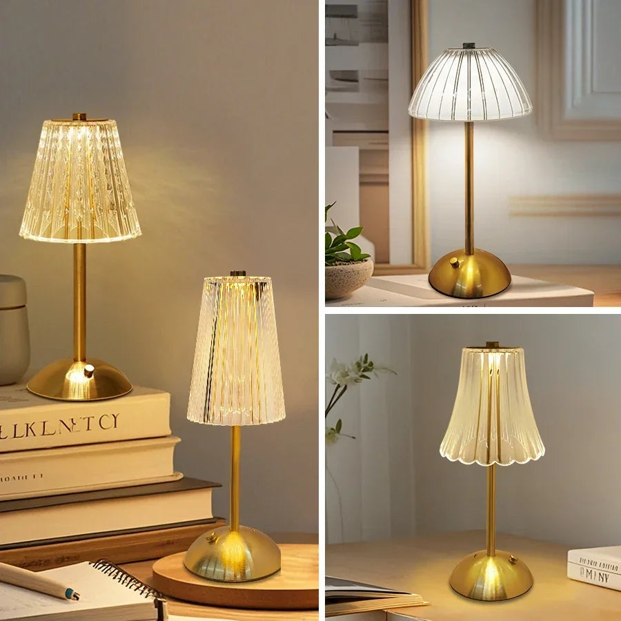 lampe table moderne doré antique transparente rayures fines capteur tactile rechargeable sans fil