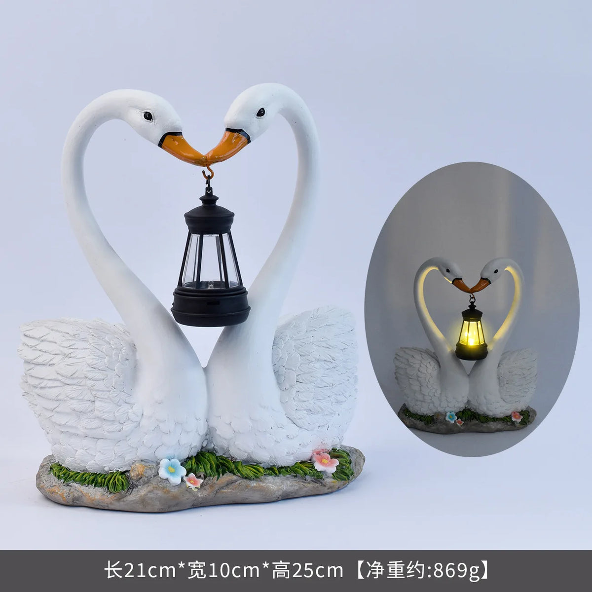 statue cygnes blanc plumes détaillées lanterne intégrée fleurs décoratives jardin réalisteextérieur