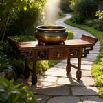 meuble bois chinois étagères sculptées pots fleurs figurine bouddha plante artificielle stand thé