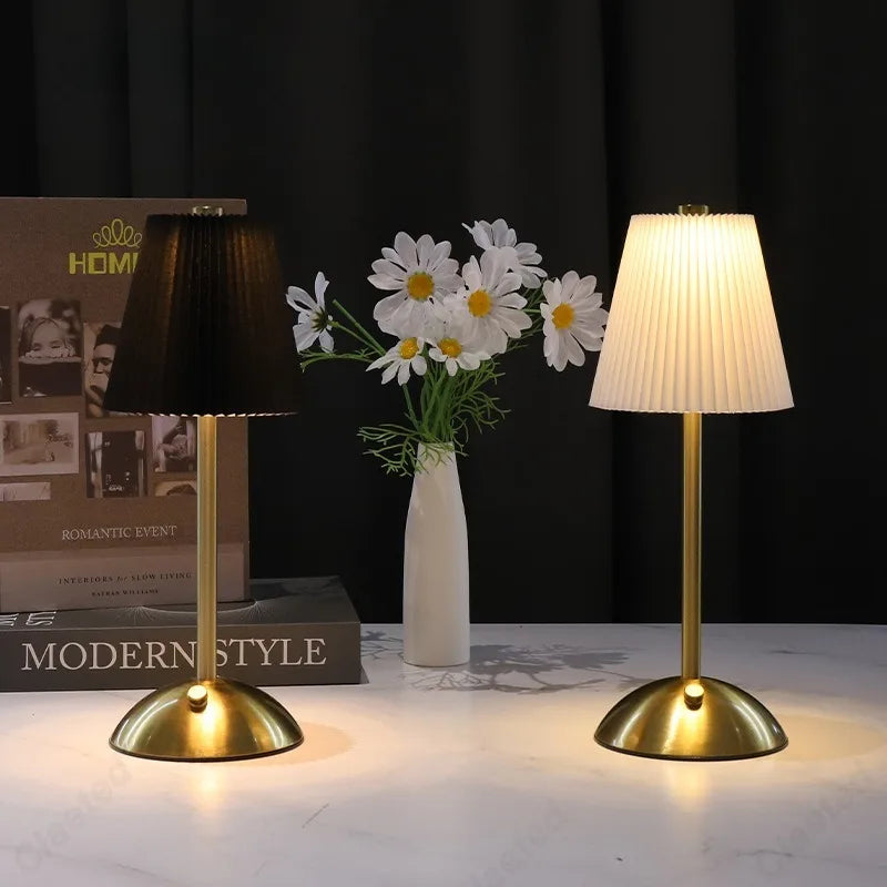 Abat-jour LED plissé bleu marine lampe de chevet tactile