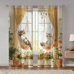 rideau moderne imprimé chat hamac fleurs beige marron clair blanc translucide fenêtre deux panneaux