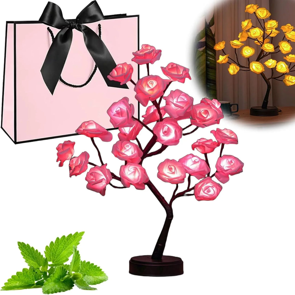lampe arbre roses led rose noir branches feuilles vertes romantique décoration chambre fille
