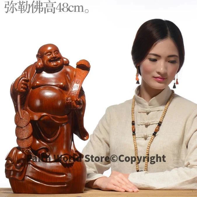 statue bois bouddha riant feng shui traditionnel asiatique base sculptée pièces monnaie bannière