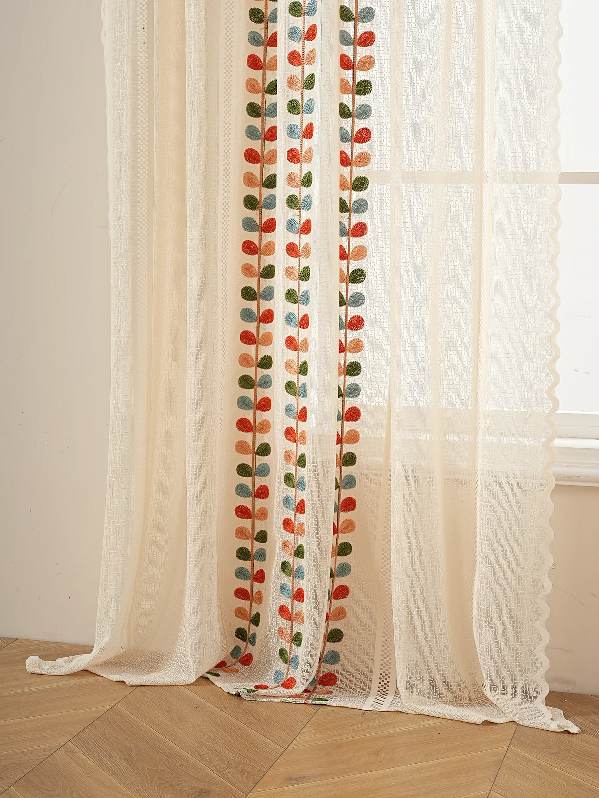 rideau brodé feuilles colorées polyester moderne élégant blanc vert bleu orange fenêtre chambre salon
