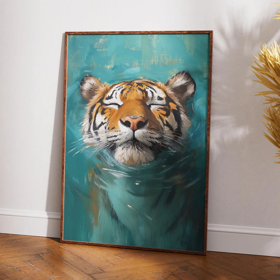 tableau peint tigre eau art contemporain orange noir blanc bleu bohème jungle déco