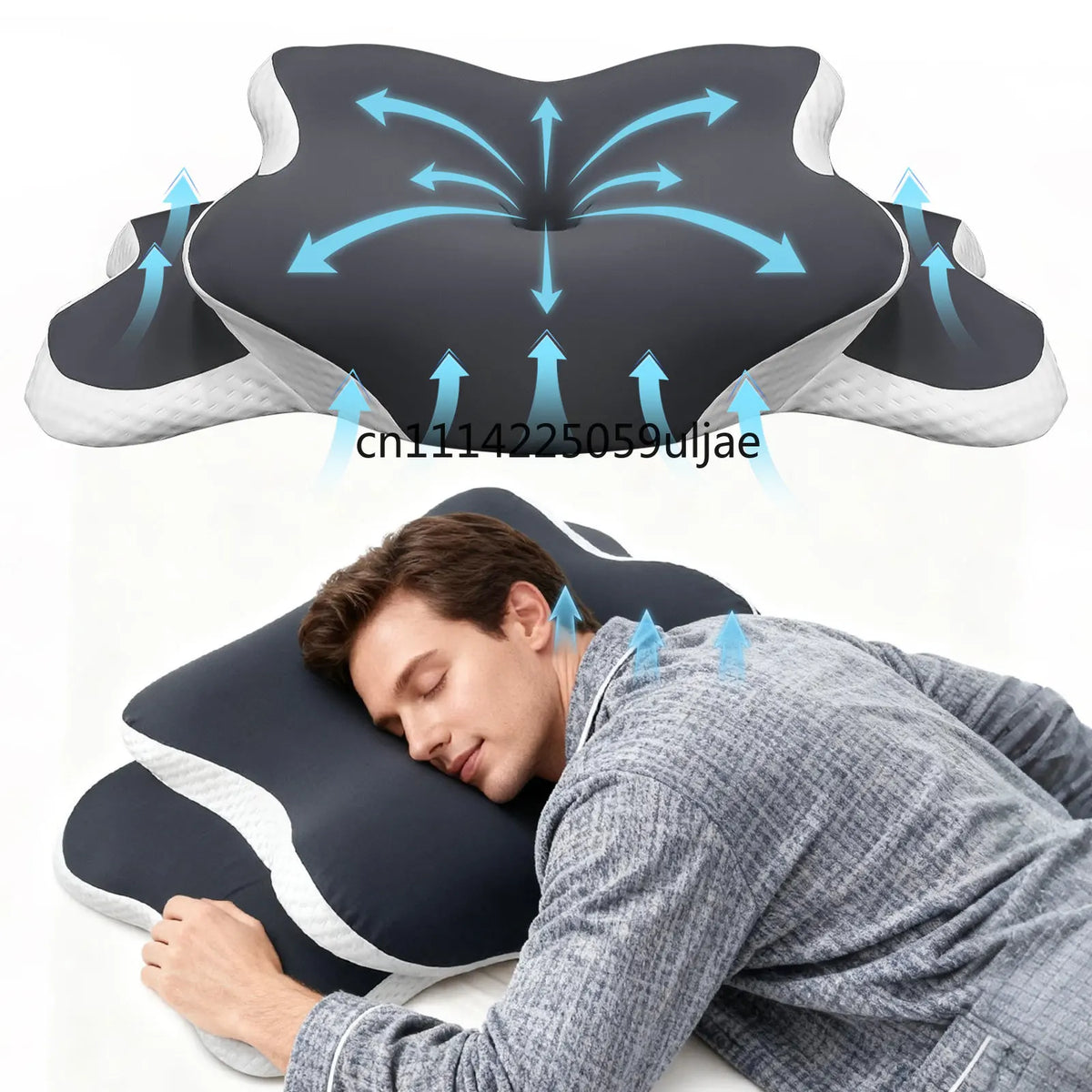 oreiller cervical ergonomique mousse mémoire forme soutien cou sommeil dos côté gris blanc