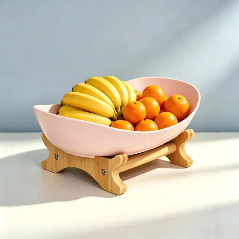 support fruits moderne bois blanc bambou compartimenté rose clair vert clips métalliques fruits variés