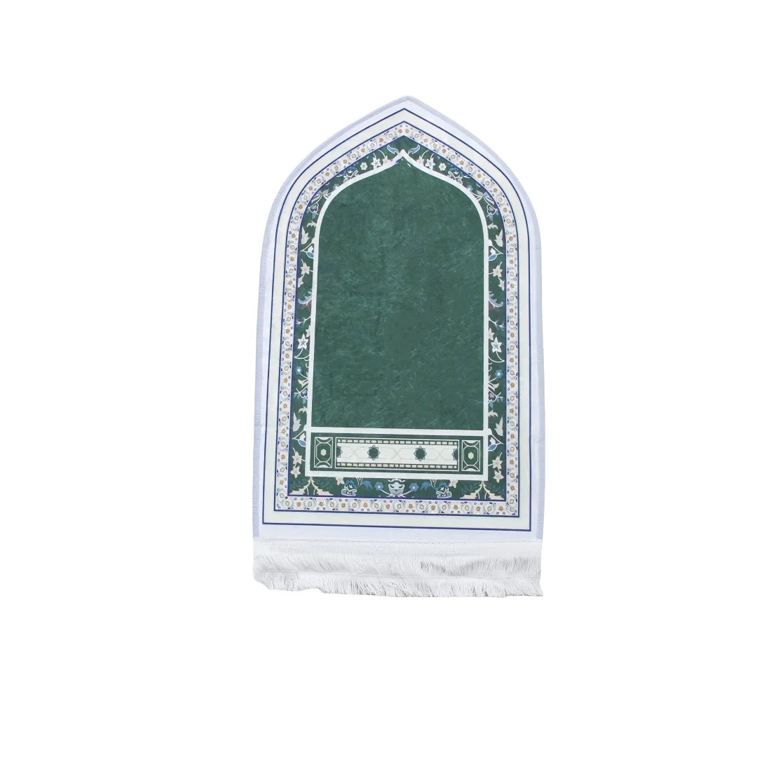 tapis prière musulman polyester antidérapant motifs floraux moderne bleu vert noir blanc usage maison