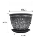 pots fleurs noirs classiques gravures feuilles fleurs plateau drainage visible