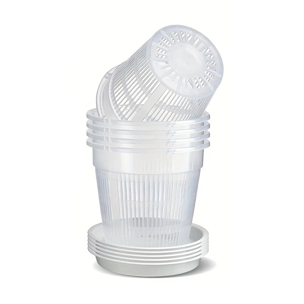 pots plantes transparents grille moderne orchidées fleurs blanches soucoupes drainage 11cm 14cm 16cm 19cm