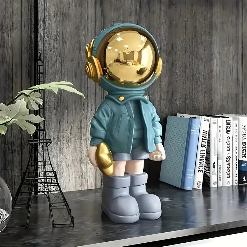 figurine astronaute argent bleu orange moderne pop art veste brillante bottes lisses étoiles dorées