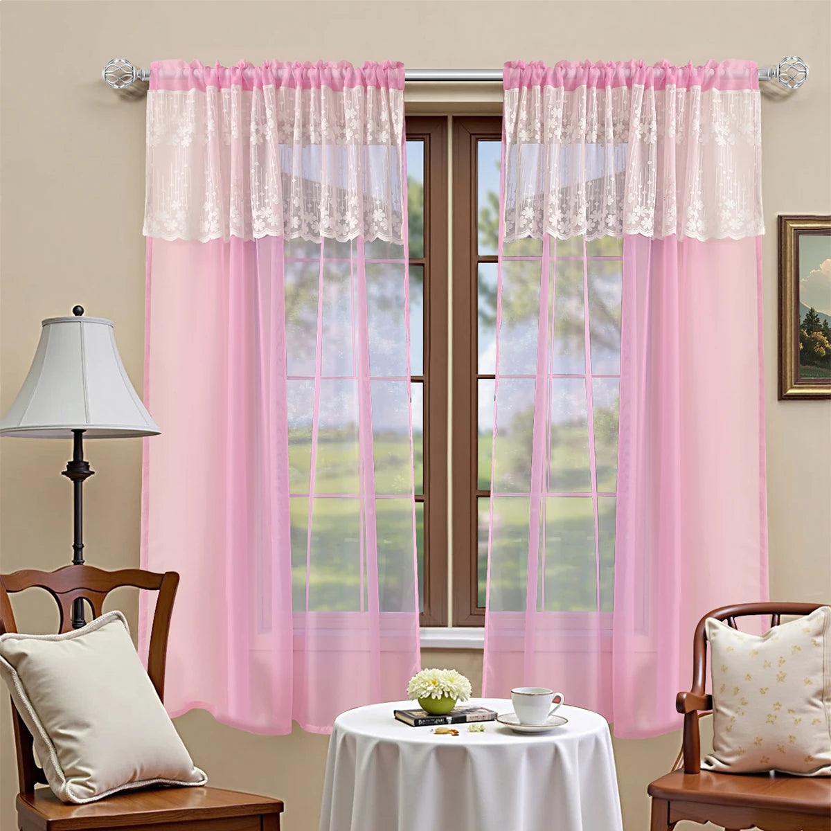 rideaux semi transparents polyester rose blanc dentelle florale romantique shabby chic 100cm 125cm