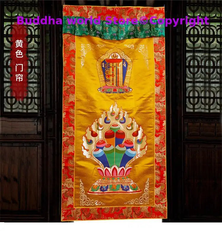 rideau porte artisanal motifs floraux broderie fine couleurs vives traditionnel tapisserie murale tibétaine bouddhiste