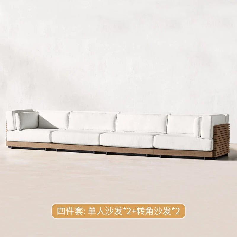 canapé extérieur modulable gris foncé tissu bois naturel coussins pieds noirs moderne minimaliste