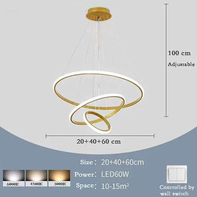 suspension lumineuse moderne anneaux superposés blanc noir or led chambre restaurant étude couloir