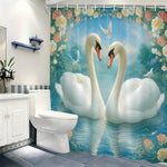 rideau douche impression numérique oiseaux cygnes fleurs blanc bleu rose vert opacité anneaux métalliques