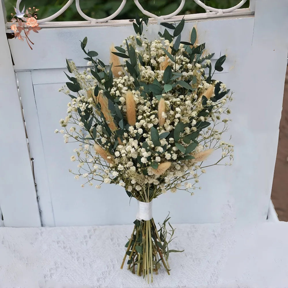 décoration maison bouquet fleurs séchées naturel 30 pièces blanc vert anniversaire baby shower