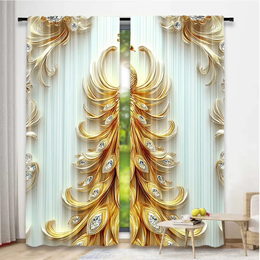 rideaux blanc doré plumes paon strass élégants chambre salon 100 polyester classique