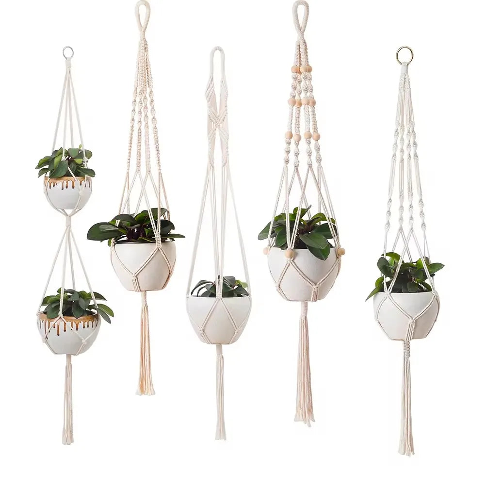 panier suspendu macramé main boho blanc beige plante céramique anneaux métalliquesintérieur décorationjardin