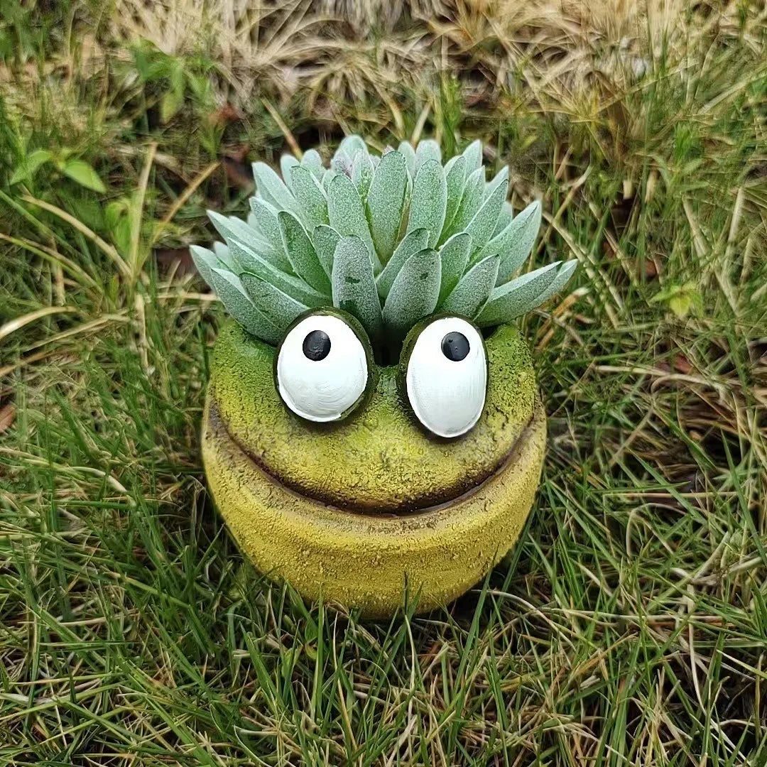 pot fleurs forme grenouille résine yeux relief créatif vert beige