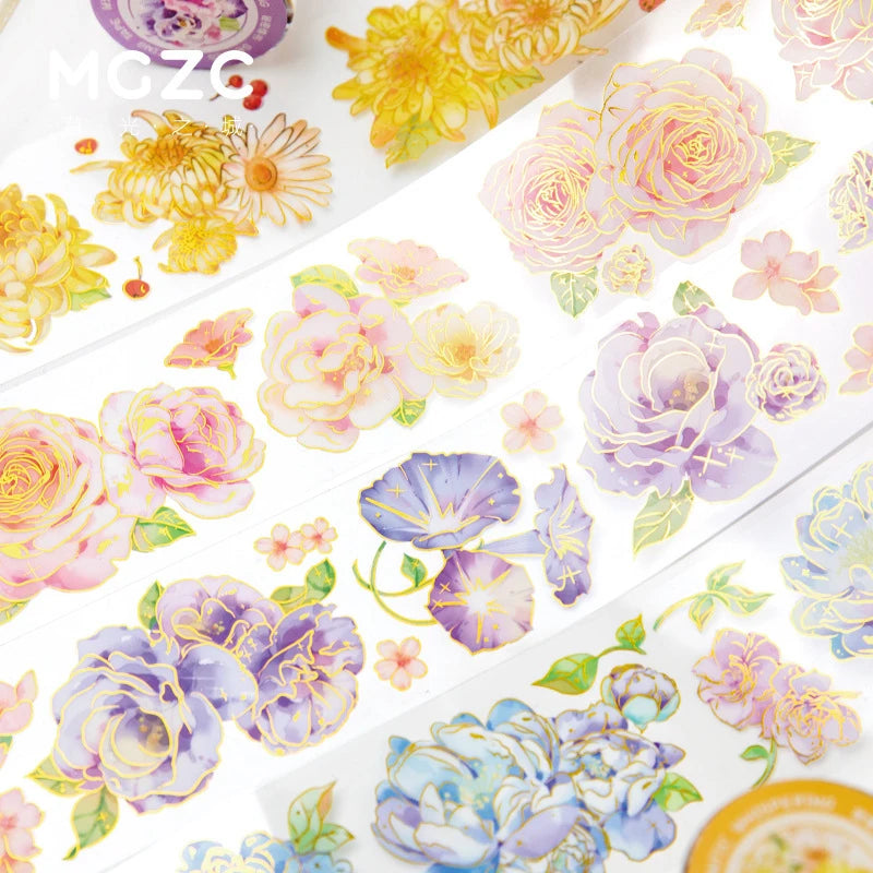 ruban decoratif floral adhesif rose violet bleu jaune blanc fleurs feuilles vertes dorées 45mm
