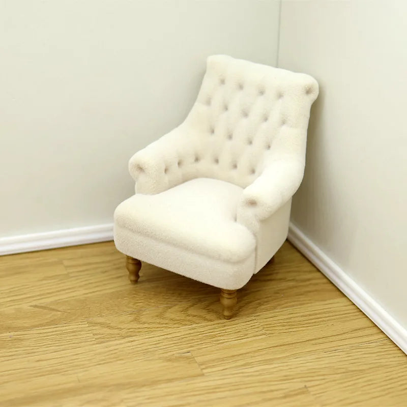 fauteuil miniature blanc velours épais boutons classique 14+ deco maison poupée imitation salon