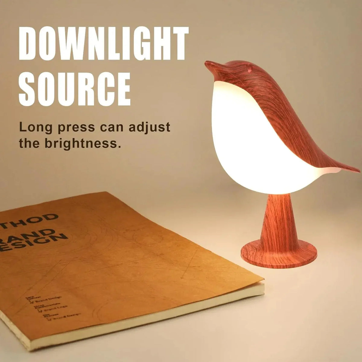 lampe poser oiseau veilleuse texture bois naturel moderne capteur tactile blanc minimaliste