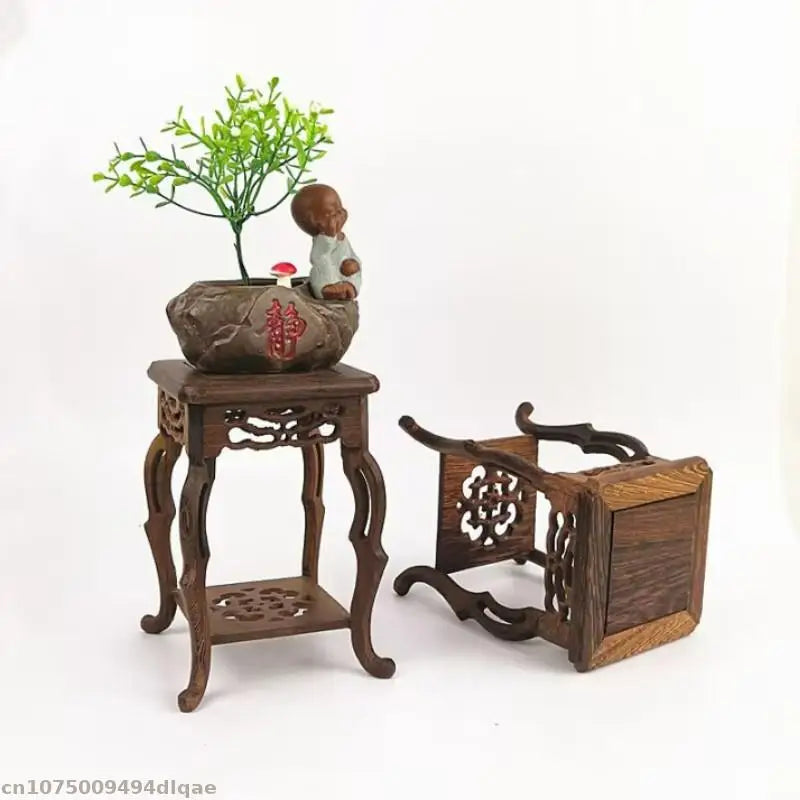 meuble rétro bois sculpté pot fleur présentoir thé décoration plantes bonsaï stand marron motifs