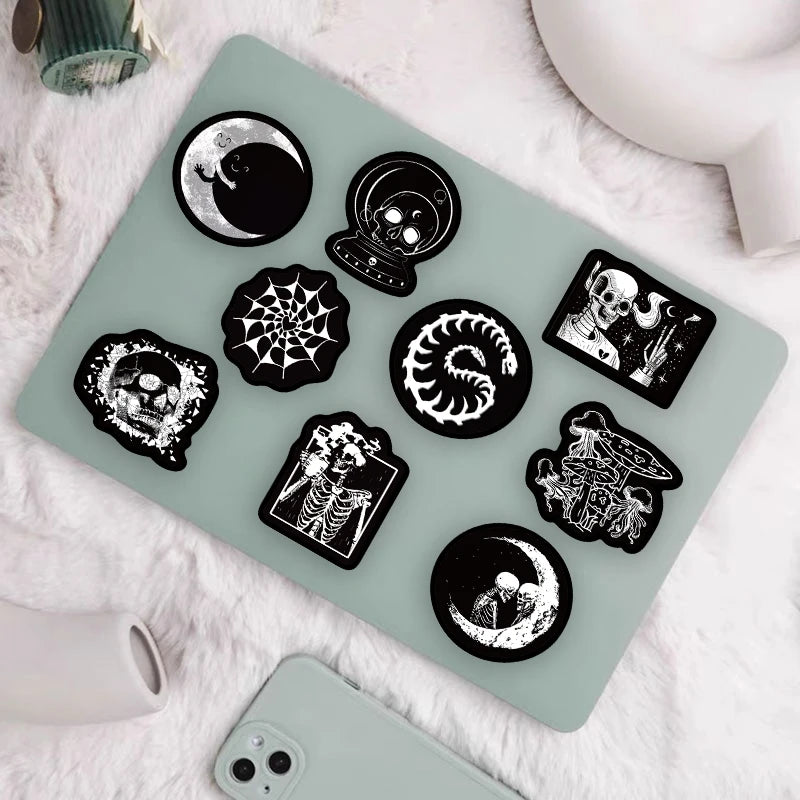 autocollants gothiques noirs blancs squelettes yeux roses lunes serpents adhésifs collection 14ans+ set50