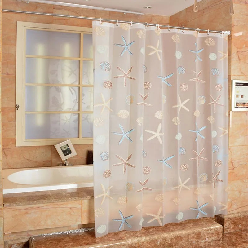 rideau douche étoiles mer coquillages motifs pois translucide moderne marin crochets métalliques blanc bleu