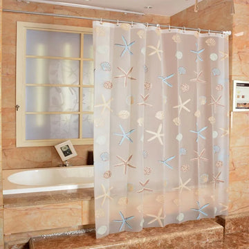 rideau douche étoiles mer coquillages motifs pois translucide moderne marin crochets métalliques blanc bleu