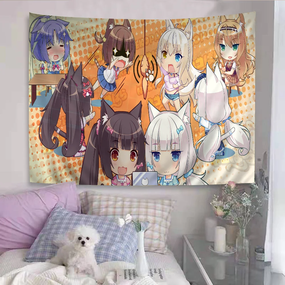 tapisserie graphique anime personnages dessins animés rose vert blanc illustration animaux mignons moderne