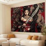 toile d'art manga femme tatouée épée dragons motifs floraux moderne polyester chambre salon decoration