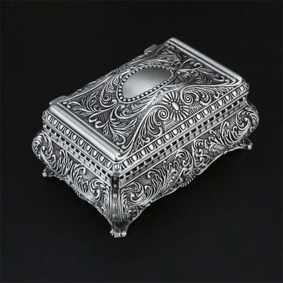 boîte bijoux argentée ornements floraux classique réutilisable rangement bijoux baroque cadenas vintage
