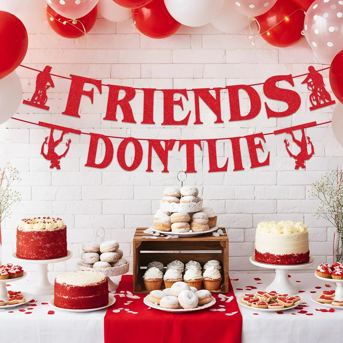 guirlande festive anniversaire stranger things bannières lettres FRIENDS DONTLIE paillettes rouge silhouettes personnages