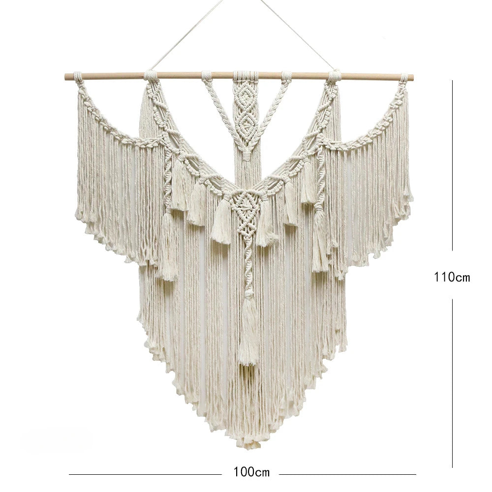 tapisserie macramé géométrique franges bohème décoration murale øllets beige clair