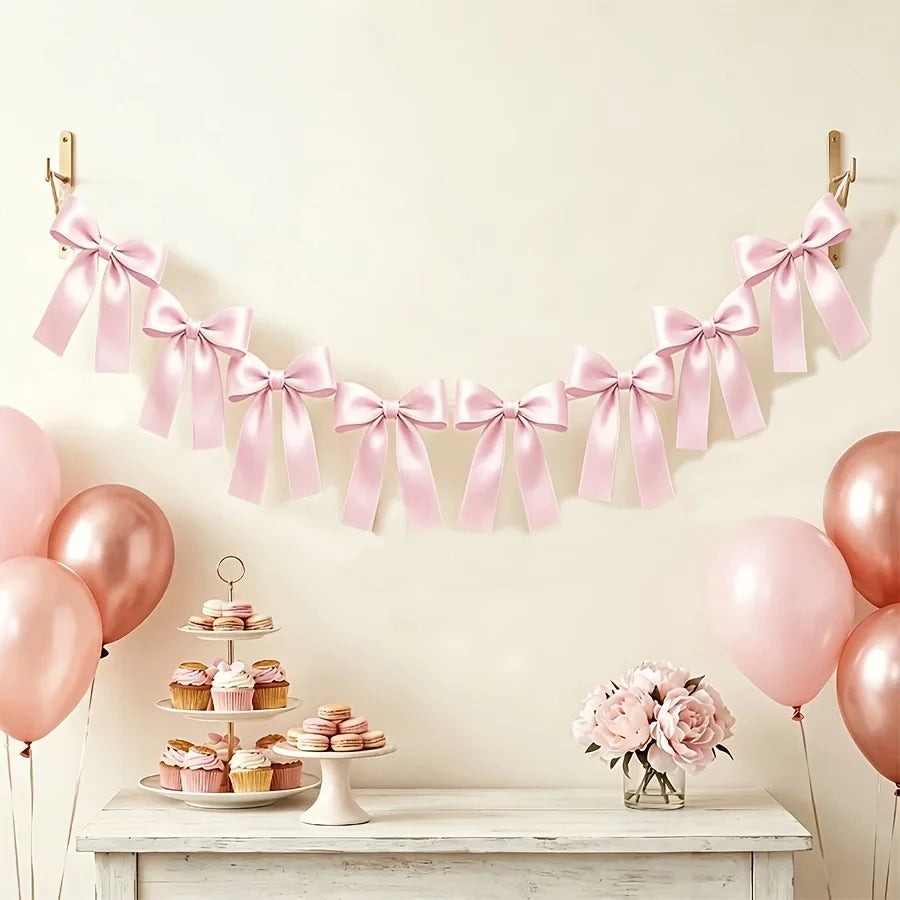 guirlande décorative nœuds papillon satin bleu clair rose noir mariage anniversaire fête